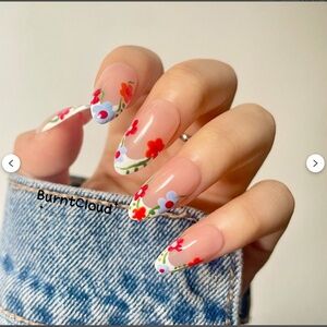 Blossom Colorful Spring Flowers White Frenchtip Press on Nails - XS (Unused)